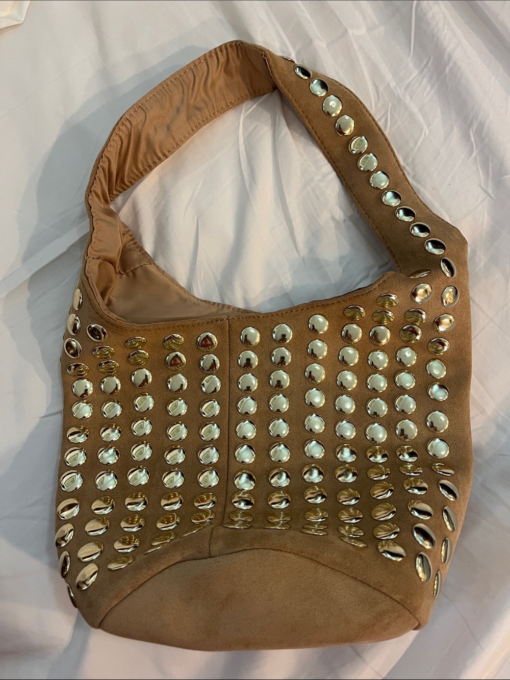 Stud-Embellished Tan Suede Shoulder Bag